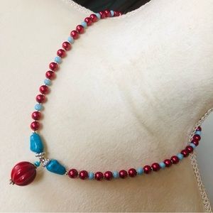 Handcrafted repurpose carved red coral stone pendant Czech glass Pearl necklace